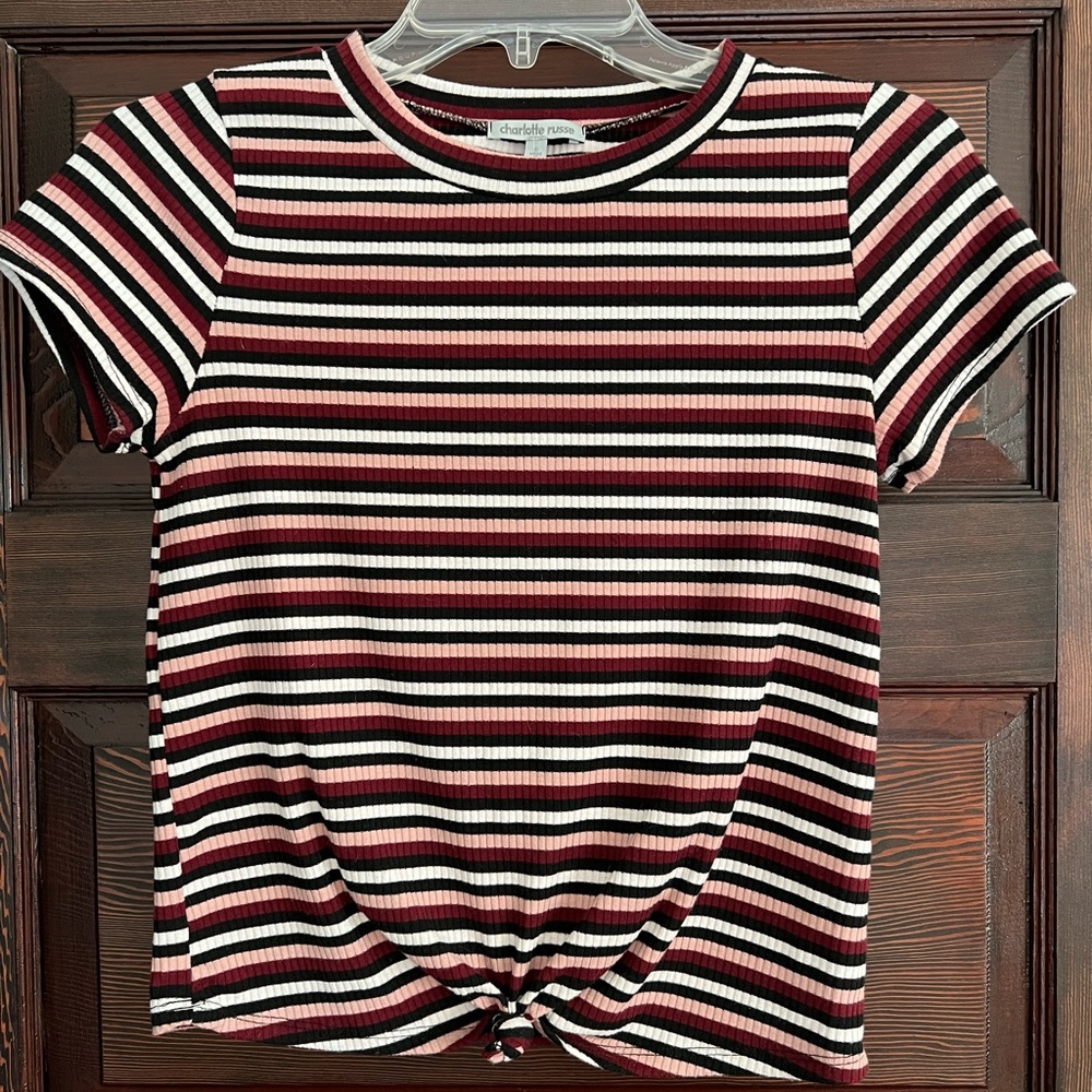 Charlotte Russe Striped Fitted Short Sleeve Crop Top